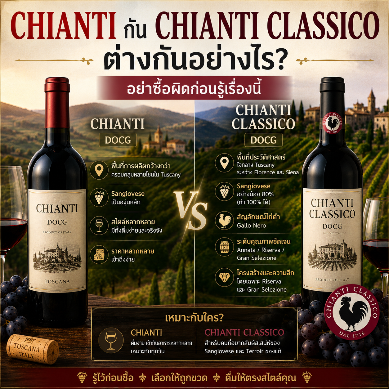 Chianti กับ Chianti Classico ต่างกันอย่างไร? อย่าซื้อผิดก่อนรู้เรื่องนี้
